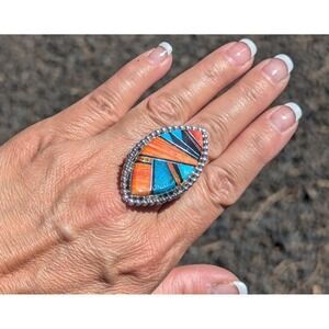 Women's Navajo Ring Mosaic Style Silver w Turquoise‎ Handmade Jewelry 9.5 ***